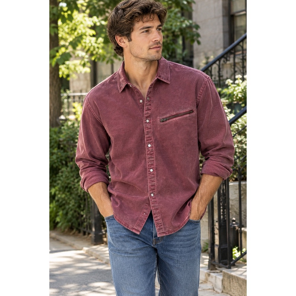 John Varvatos U.S.A. Mineral Wash Snap Front Zipper Pocket Shirt - Size M